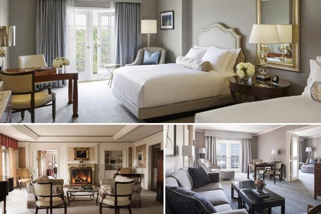 A collage of three hotel photos to stay in St Louis: An elegant room with a balcony and grey hues, a sophisticated sitting area with a fireplace and traditional furnishings, and a modern suite with neutral tones and city views.
